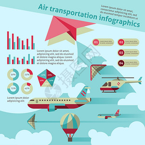 航空运输平信息图集与飞机直升机热气球矢量插图图片