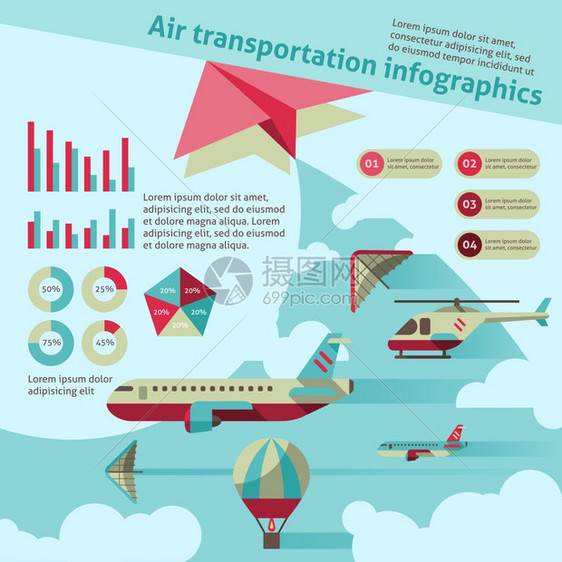 航空运输平信息图集与飞机直升机热气球矢量插图图片