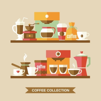 咖啡平收集饮料装饰图标货架矢量插图图片