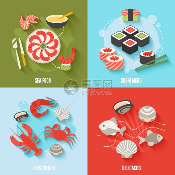海鲜平图标寿司菜单龙虾酒吧美食孤立矢量插图图片