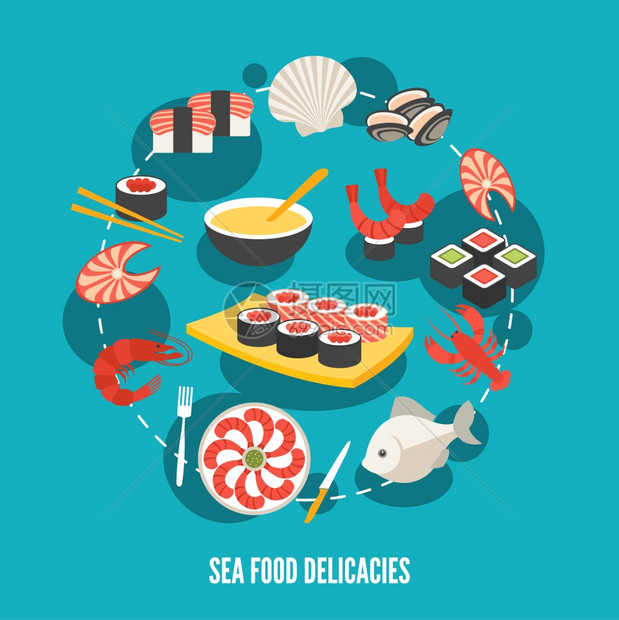 海鲜鱼菜单餐厅日本美食平装饰图标矢量插图图片