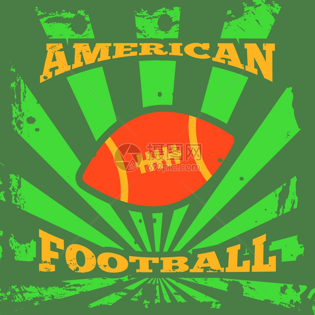 美式足球装饰海报与绿色辐射射线橄榄球符号标志打印抽象矢量插图图片