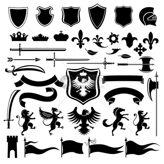 纹章中世纪古董黑色装饰图标与皇冠盾牌阿拉伯式孤立矢量插图图片