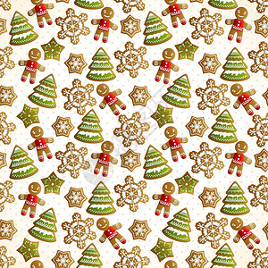 诞节装饰无缝图案与甜饼树,雪花生姜男子矢量插图图片