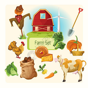 农场装饰图标与牛鸡屋铲隔离矢量插图图片