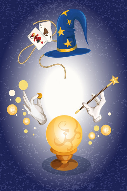 魔术师装饰彩色背景与巫师帽金色球体矢量插图图片