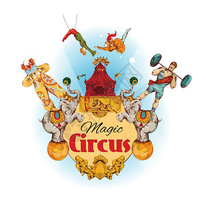 魔术马戏彩色背景与小丑动物杂技运动员矢量插图图片