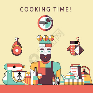 烹饪时间海报与快乐的男厨师厨房与器皿矢量插图图片