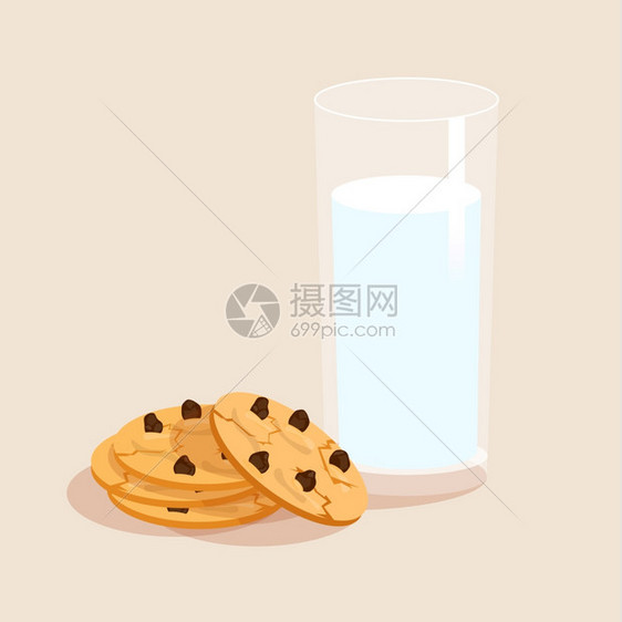 杯牛奶巧克力甜小吃饼干装饰集矢量插图图片