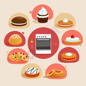 甜糖美味的食物饼干烘焙装饰图标与烤箱中间矢量插图图片
