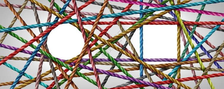 商业集团的抽象概念即平方和圆圈集团协同工作的多样联系由绳子形成两个连接网络作为商业或社交媒体的连接思想图片