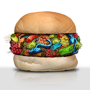 食物中的疾病作为坏汉堡的细菌和以及食用和被污染的肉类健康风险作为营养安全概念3d产生成份图片