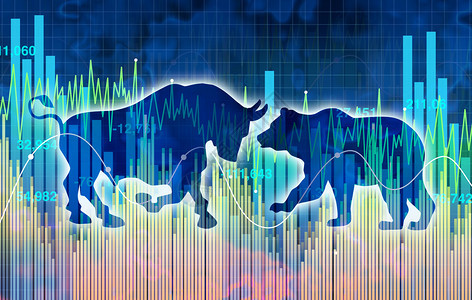 具有两个商业图标的金融投资符号代表熊和公牛市场以3d插图样式显示股票市场图表和立方投资图片
