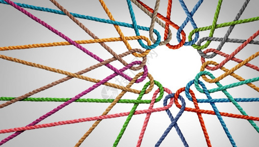 团结和爱心伙伴关系是绳子在一组不同的关系中形成为心脏这些联系在一起形成个支持象征表达团队精神和结图片