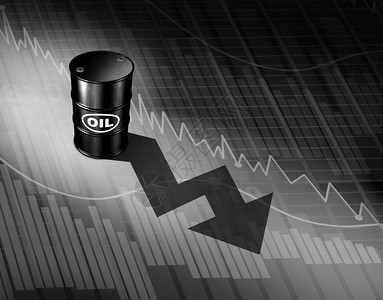 石油价格下跌的概念是原油桶向金融图表下射一箭作为因供过于求和生产剩导致化石能源减少的象征作为三点说明图片