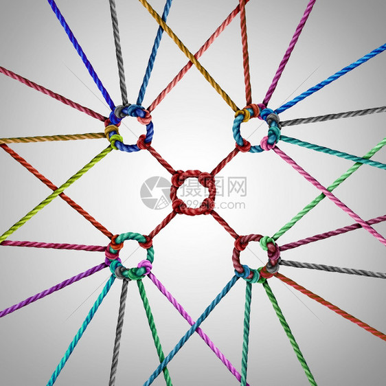 团队结概念和协作关系为加入团体伙伴关系的商业比喻作为合和工协的象征各种绳子联系在一起图片