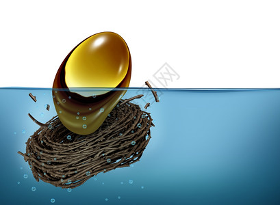 鸡巢危机金融概念是色的奥瓦尔和巢鸟的树枝掉入水中是因商业和个人预算投资不善或白种背景的经济问题而造成债务困难和储蓄损失的隐喻图片