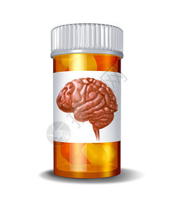 精神病药物和脑医学概念配有处方药瓶里面装有丸并贴人类大脑形象的标签用于保健和药物治疗图片
