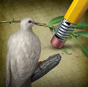 失去和平危机概念,白鸽持有橄榄枝,被铅笔擦拭机抹去,作为挑战的象征,以寻求在中东部或处于战争中的其他国家停止战斗的或协议。图片