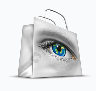 世界贸易和国际商业的全球买家作为寻找最佳进出口商品的业象征作为具有人类球眼的金融购物袋进行零售图片