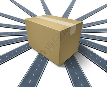 运输概念是一个三维纸板包坐在一组公路和高速的顶端图片
