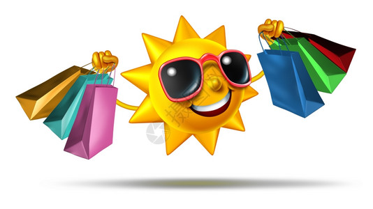 夏季购物和在度假或节日购买时装礼品和作为明亮的太阳特征持有商店袋作为零售业和娱乐消费者休闲活动在白色上的概念和象征图片