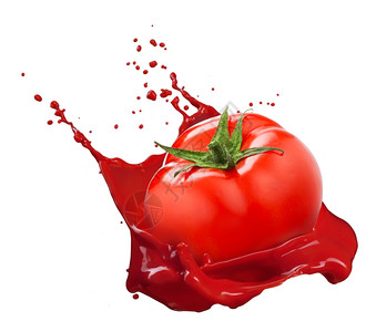 红番茄白色背景的果汁喷洒图片