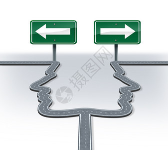 在十字路口上作出战略决定和职业选择在面临两种平等或类似的选择时旅行方向的商业两难概念中叉子被塑造为两头人图片