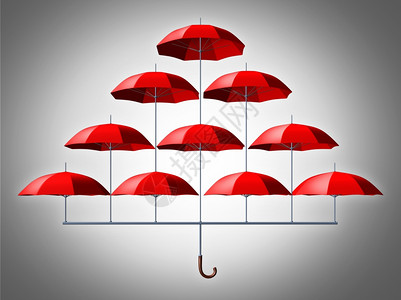 集体保护安全概念由多个较小的红伞组成保护在一个网络中连接在一起作为保护成员群的象征图片