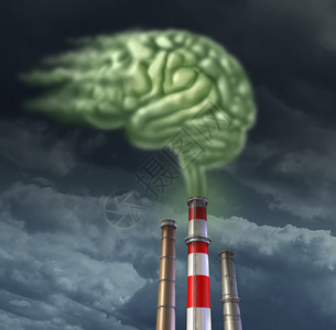 以一组炼油厂烟堆解决污染问题的办法释放出以人类大脑形态成的有毒绿色气体作为环境污染和空气质量控制的保健概念图片