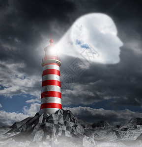 以灯塔为的人类指导业务概念亮出一条指引灯作为暴风雨中黑暗背景天空的关键头部作为愿景的象征并侧重于一项有计划的战略图片