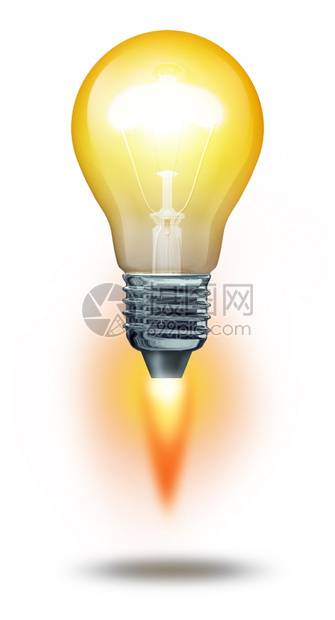 思考的力量和成功创意象征着光亮的灯泡作为强大的火箭向上发射图片