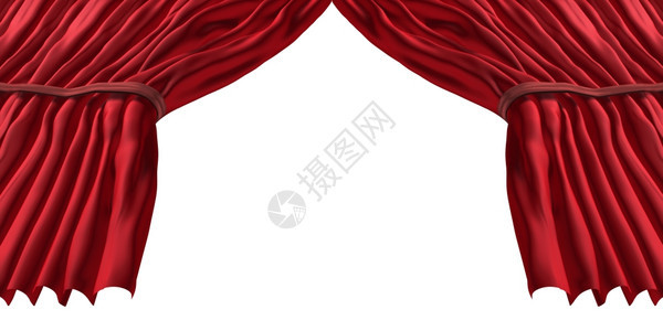红色舞台窗帘和丰富的古典天鹅绒窗帘其文字作为白色背景重要表演或示的戏剧象征有一个开放的空白中心图片