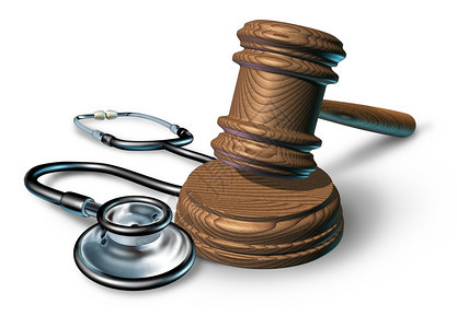医疗失误和工伤概念中的法律诉讼用听诊器和法官或球棒作为保健和白药方面金融保险法问题的象征图片