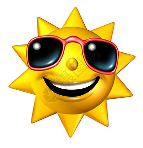 快乐的夏天微笑阳光与太镜在正面的视野一个发光热的季节欢乐球和象征假期放松在阳光明媚的天气孤立在白色图片