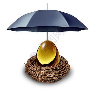 金融保障和退休基金险标志在黑伞保护的巢穴中有一个金蛋防止经济下滑并作为白色背景的避税所图片