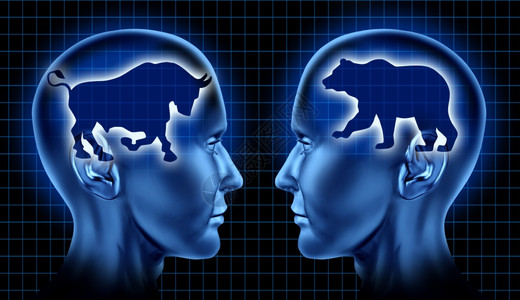 股票交易商和投资金融标志由两名代表熊和牛市的商人一张黑底图图片