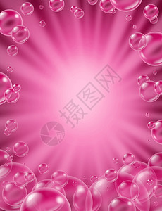 粉色泡背景有恒星爆破框架和透明浴皂的香充斥着空白的文字区域充斥着许多尺寸的相当微妙泡沫作为洗涤和清新洁的美容象征图片