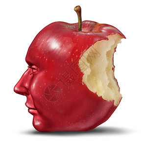 人的头部以苹果形状咬出红色果实作为保健的象征绝望失去大脑功能和失去记忆图片