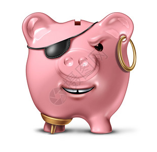 金融犯罪和银行欺诈概念其粉红色陶瓷小猪银行伪装成海盗在白色背景上成为金融和储蓄犯罪的合法和非象征图片