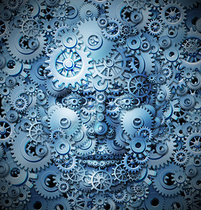 人类的智慧和创造力其前视镜是头部和脸由齿轮组成其背景与作为工思维功能的商业和精神保健概念相类似图片