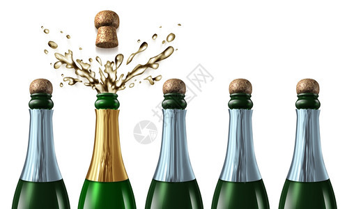 由五瓶香槟装有封闭的子以及选中的瓶子以盛装冲浪庆祝图片