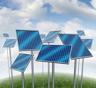 可再生能源以太阳电池板作为光伏发电站技术或太阳农场的象征由夏日天空上一组三维结构所代表图片