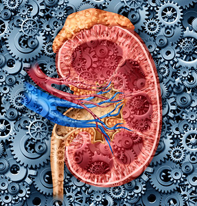 人体肾功能医学概念内器官交叉部分红蓝动脉和肾上腺有齿轮和作为尿道系统解剖的保健说明图片