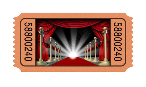 电影票和片根开着窗户进入红地毯和天鹅绒窗帘的剧院配有铜管隔开导致亮光作为娱乐概念孤立在白色背景上图片