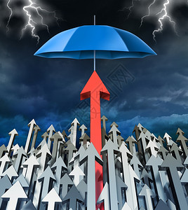 安全和投资金融概念一组箭头上扬只成功的红箭由雨伞保护免受暴风雨的侵袭图片