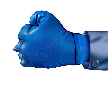 商业竞争对手和金融优势象征用蓝拳手套以人头为形状作领导力战略和进攻规划概念孤立在白色上图片