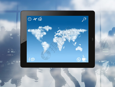 平板电脑由云组成的世界和根据机场背景在屏幕上绘制的图标图片