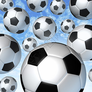 从蓝天坠落的空中飞行足球从许多方向飞来作为国际和欧洲足球比赛的队体育理念作为娱乐游戏背景图片