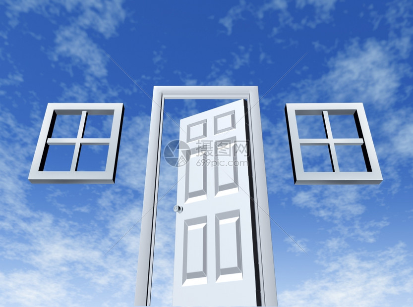 向机会敞开大门窗口和天空背景的入口是成功和新的财富战略象征有助于过上更好的生活或具有住房要素的概念图片